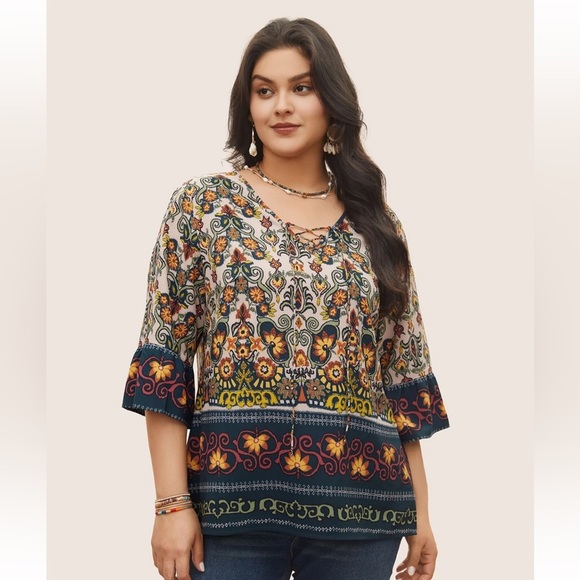 BloomChic Plus Size Boho Print Lace Up Bell Sleeve Blouse - Picture 1 of 8